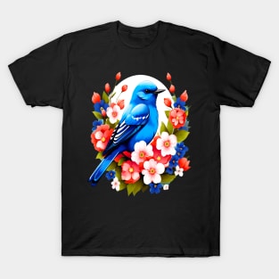 Cute Blue Bird Surrounded by Bold Vibrant Spring Flowers T-Shirt